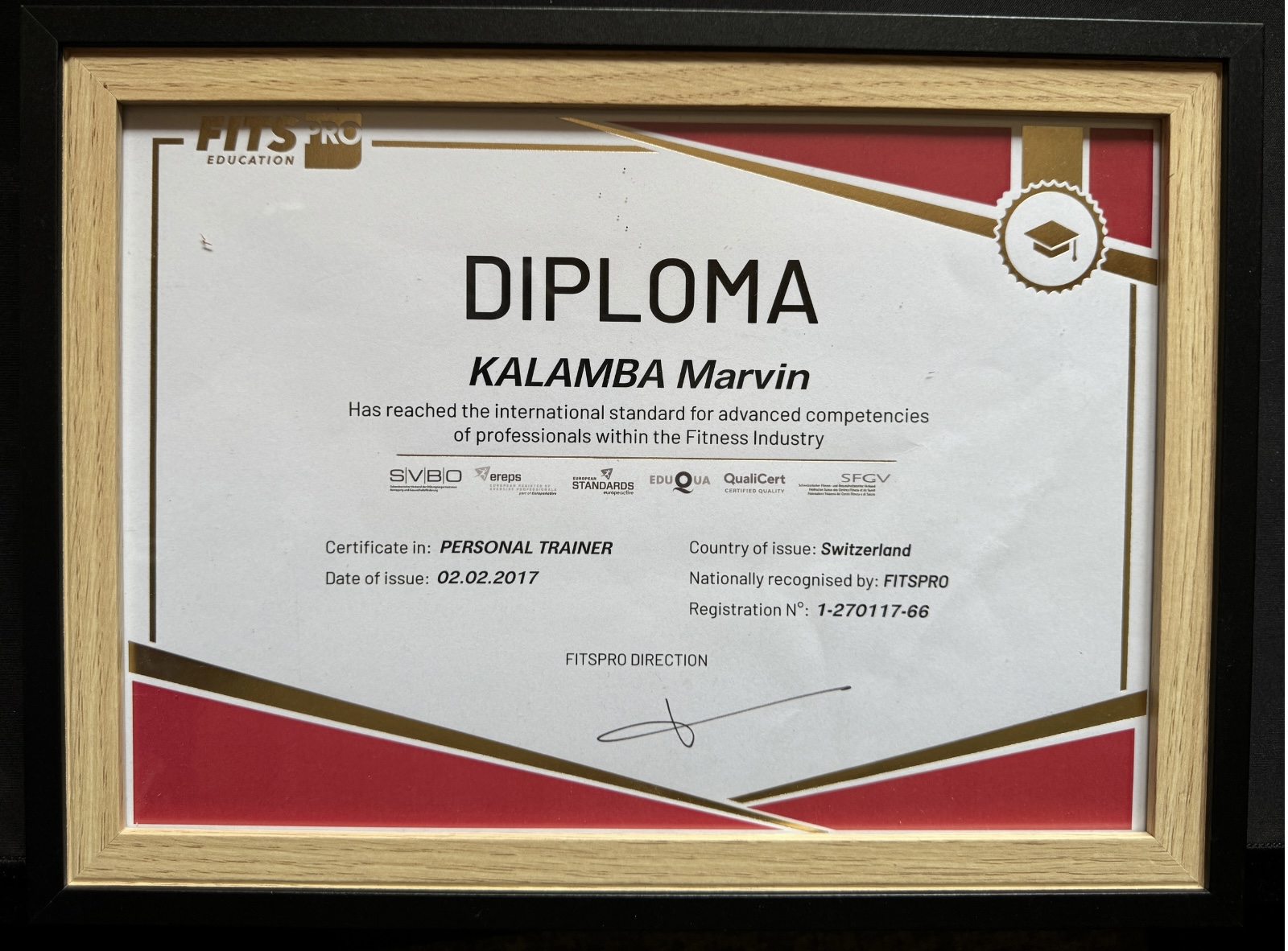 Diplôme Personal Trainer FITSPRO de Marvin Kalamba